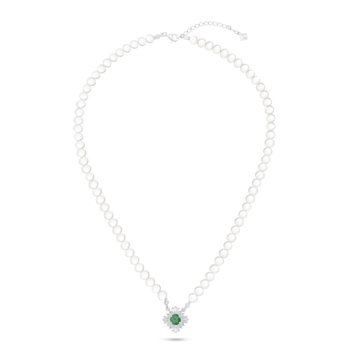 Sterling Silver 925 Necklace Rhodium Plated Embedded With Natural White Pearl, Emerald Zircon And White Zircon