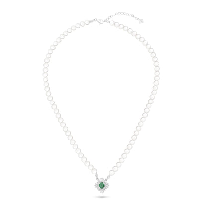 Sterling Silver 925 Necklace Rhodium Plated Embedded With Natural White Pearl, Emerald Zircon And White Zircon