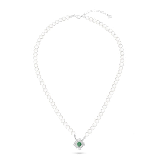 Sterling Silver 925 Necklace Rhodium Plated Embedded With Natural White Pearl, Emerald Zircon And White Zircon