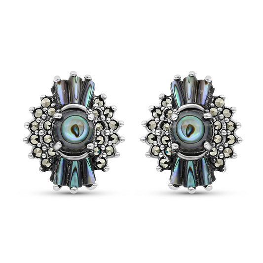 Sterling Silver 925 Earring Embedded With Natural Blue Shell And Marcasite Stones