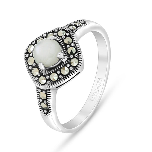 Sterling Silver 925 Ring Embedded With Natural White Shell And Marcasite Stones