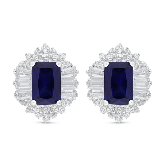 Sterling Silver 925 Earring Rhodium Plated Embedded With Sapphire Corundum And White Zircon
