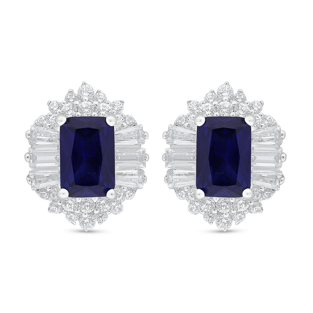 Sterling Silver 925 Earring Rhodium Plated Embedded With Sapphire Corundum And White Zircon