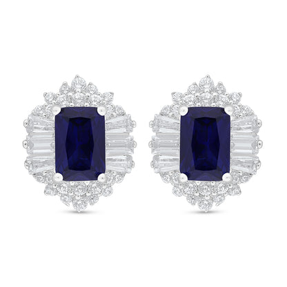 Sterling Silver 925 Earring Rhodium Plated Embedded With Sapphire Corundum And White Zircon