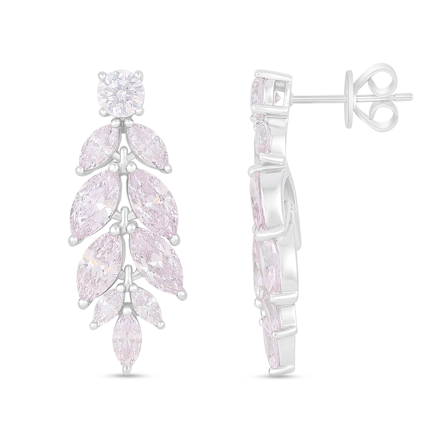 Sterling Silver 925 Earring Rhodium Plated Embedded With Pink Zircon And White Zircon