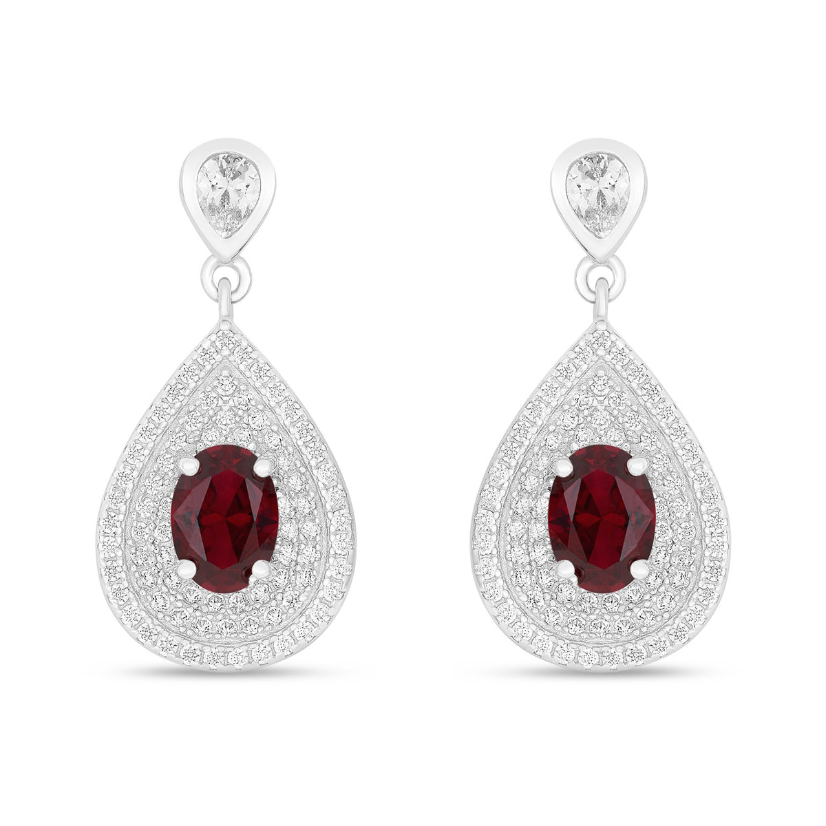 Sterling Silver 925 Earring Rhodium Plated Embedded With Ruby Corundum And White Zircon