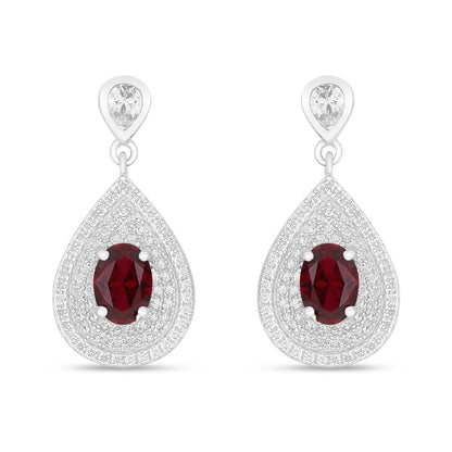 Sterling Silver 925 Earring Rhodium Plated Embedded With Ruby Corundum And White Zircon