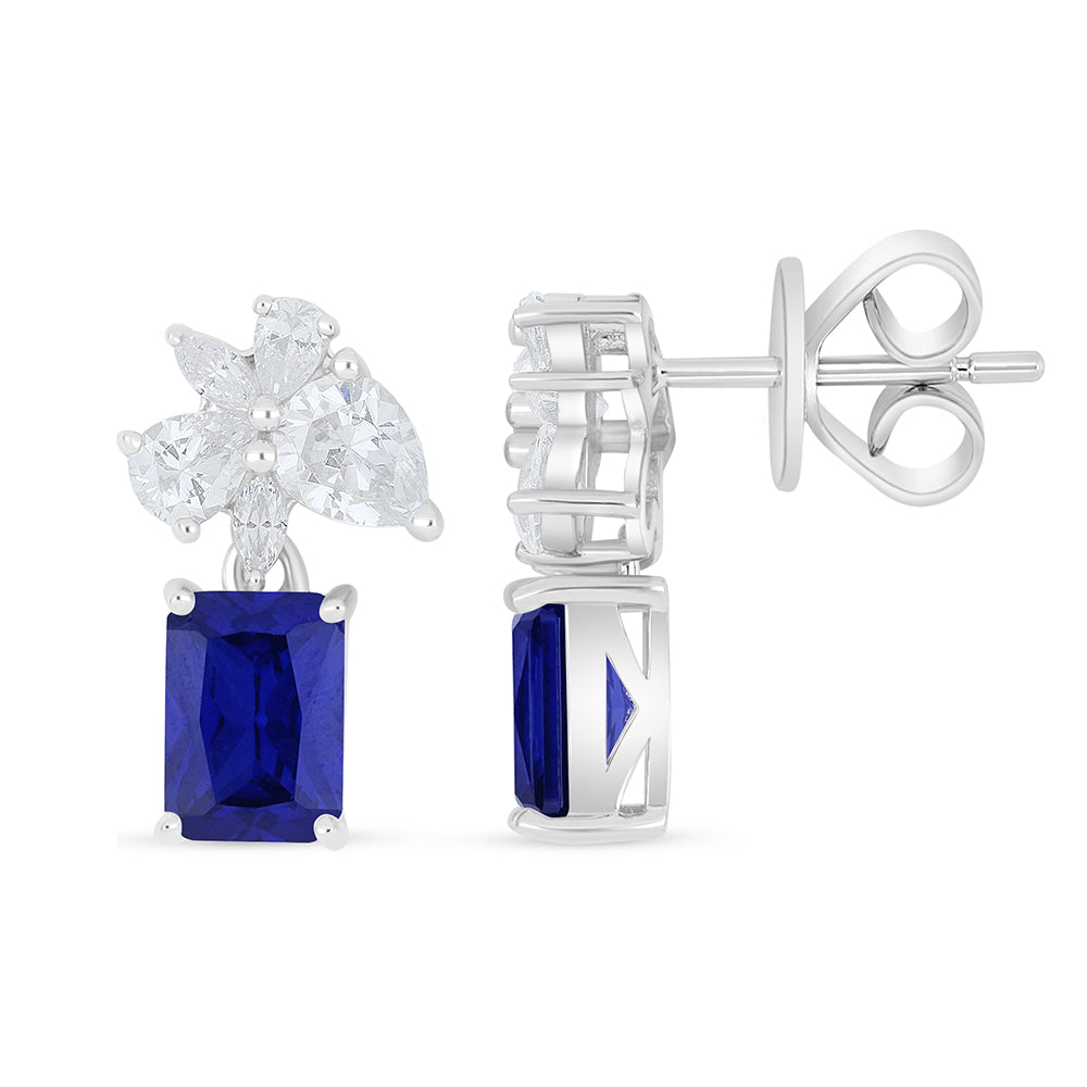 Sterling Silver 925 Earring Rhodium Plated Embedded With Sapphire Corundum And White Zircon