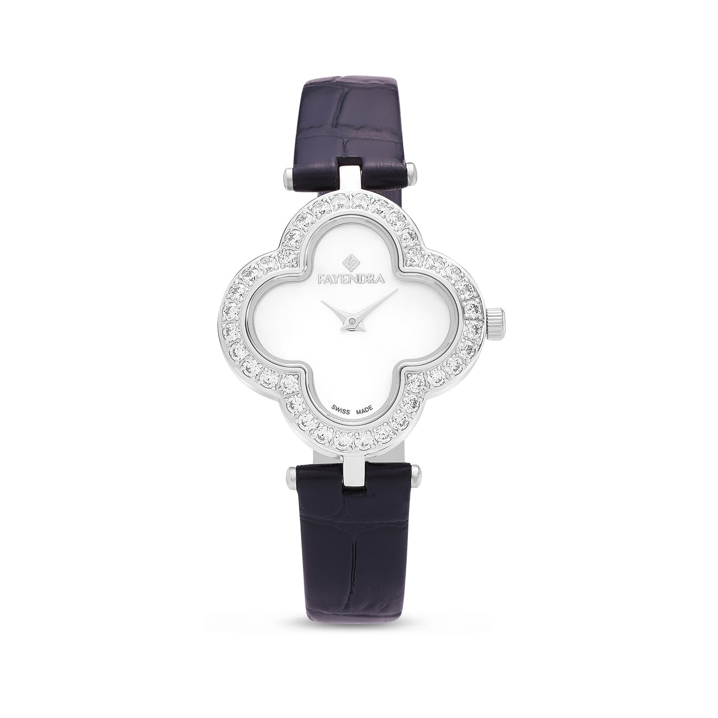 Stainless Steel 316L Watch Silver Color Black Leather Embedded With White Zircon - WHITE MOP DIAL