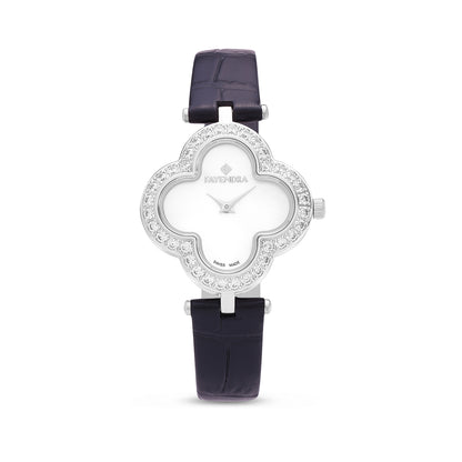 Stainless Steel 316L Watch Silver Color Black Leather Embedded With White Zircon - WHITE MOP DIAL