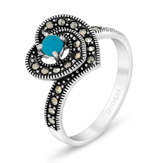 Sterling Silver 925 Ring Embedded With Natural Processed Turquoise And Marcasite Stones