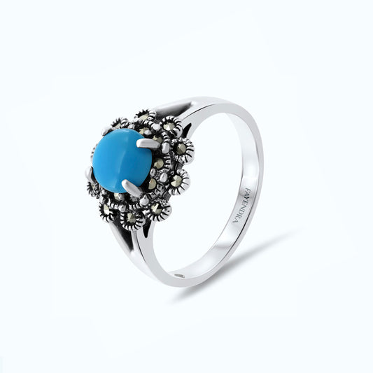 Sterling Silver 925 Ring Embedded With Natural Processed Turquoise And Marcasite Stones
