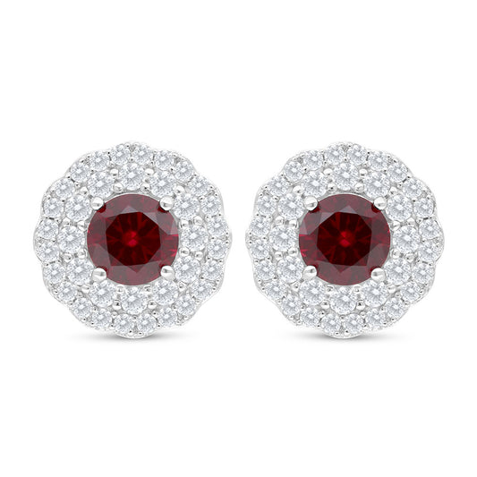 Sterling Silver 925 Earring Rhodium Plated Embedded With Ruby Corundum And White Zircon