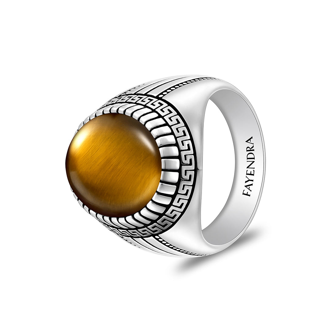 Sterling Silver 925 Ring Rhodium And Black Plated Embedded With Cabochon Yellow Tiger Eye For Men