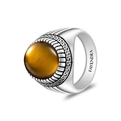 Sterling Silver 925 Ring Rhodium And Black Plated Embedded With Cabochon Yellow Tiger Eye For Men