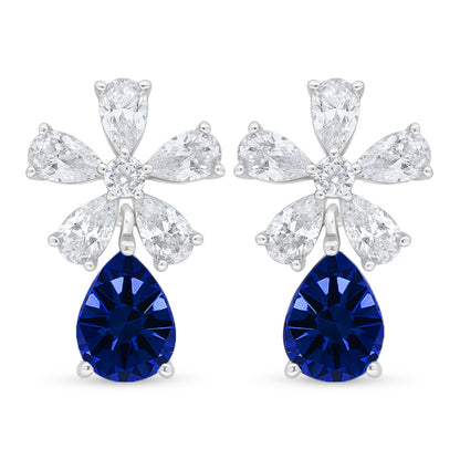 Sterling Silver 925 Earring Rhodium Plated Embedded With Sapphire Corundum And White Zircon
