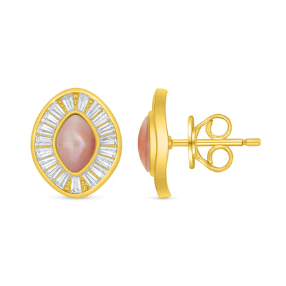 Sterling Silver 925 Earring Golden Plated Embedded With Pink shell And White Zircon