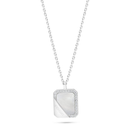 Sterling Silver 925 Necklace Rhodium Plated Embedded With White Shell And White Zircon LOGO