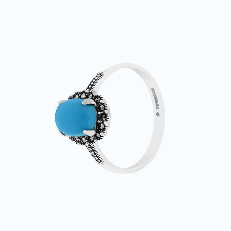 Sterling Silver 925 Ring Embedded With Natural Processed Turquoise And Marcasite Stones