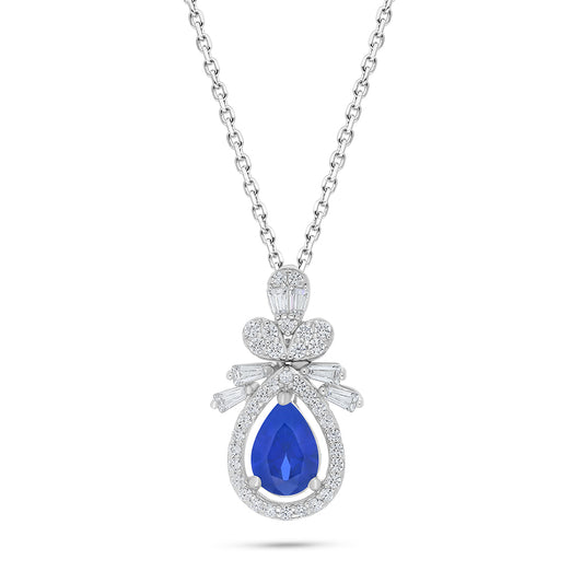 Sterling Silver 925 Necklace Rhodium Plated Embedded With Sapphire Corundum And White Zircon