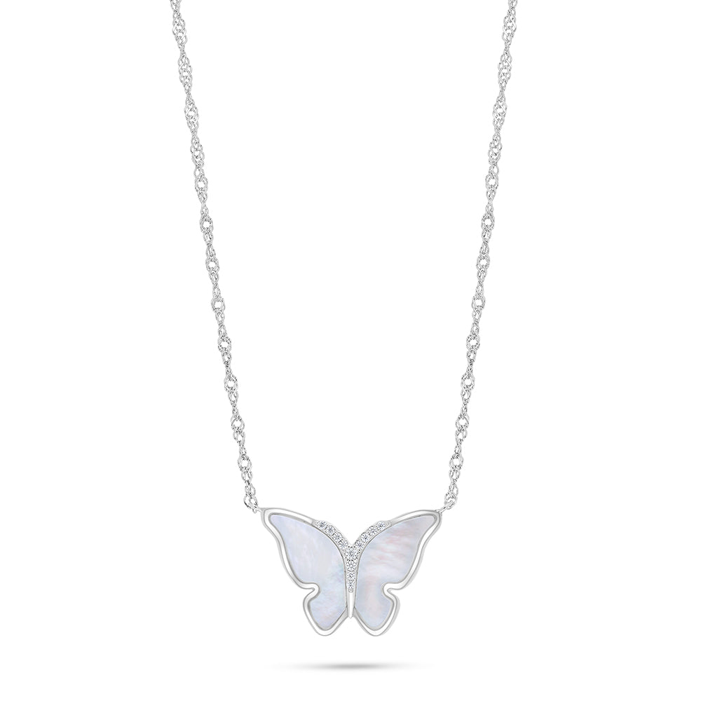 Sterling Silver 925 Necklace Rhodium Plated Embedded With White Shell And White Zircon