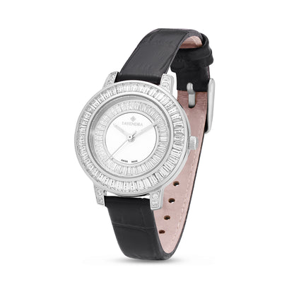 Stainless Steel 316L Watch Silver Color Black Leather Embedded With White Zircon - WHITE MOP DIAL