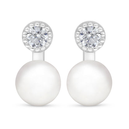 Sterling Silver 925 Earring Rhodium Plated Embedded With Natural White Pearl And White Zircon