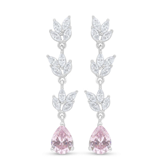 Sterling Silver 925 Earring Rhodium Plated Embedded With Pink Zircon And White Zircon