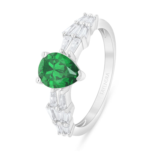 Sterling Silver 925 Ring Rhodium Plated Embedded With Emerald Zircon And White Zircon