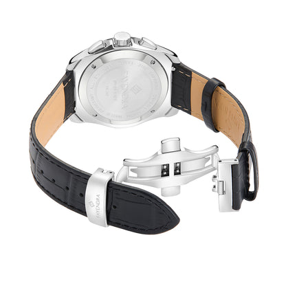 ساعة رجالي ستانلس ستيل عيار L316 بلون فضي جلد اسود - مينا حجر صدف ام اللالئ الابيض