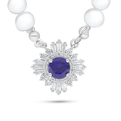 Sterling Silver 925 Necklace Rhodium Plated Embedded With Natural White Pearl, Sapphire Corundum And White Zircon