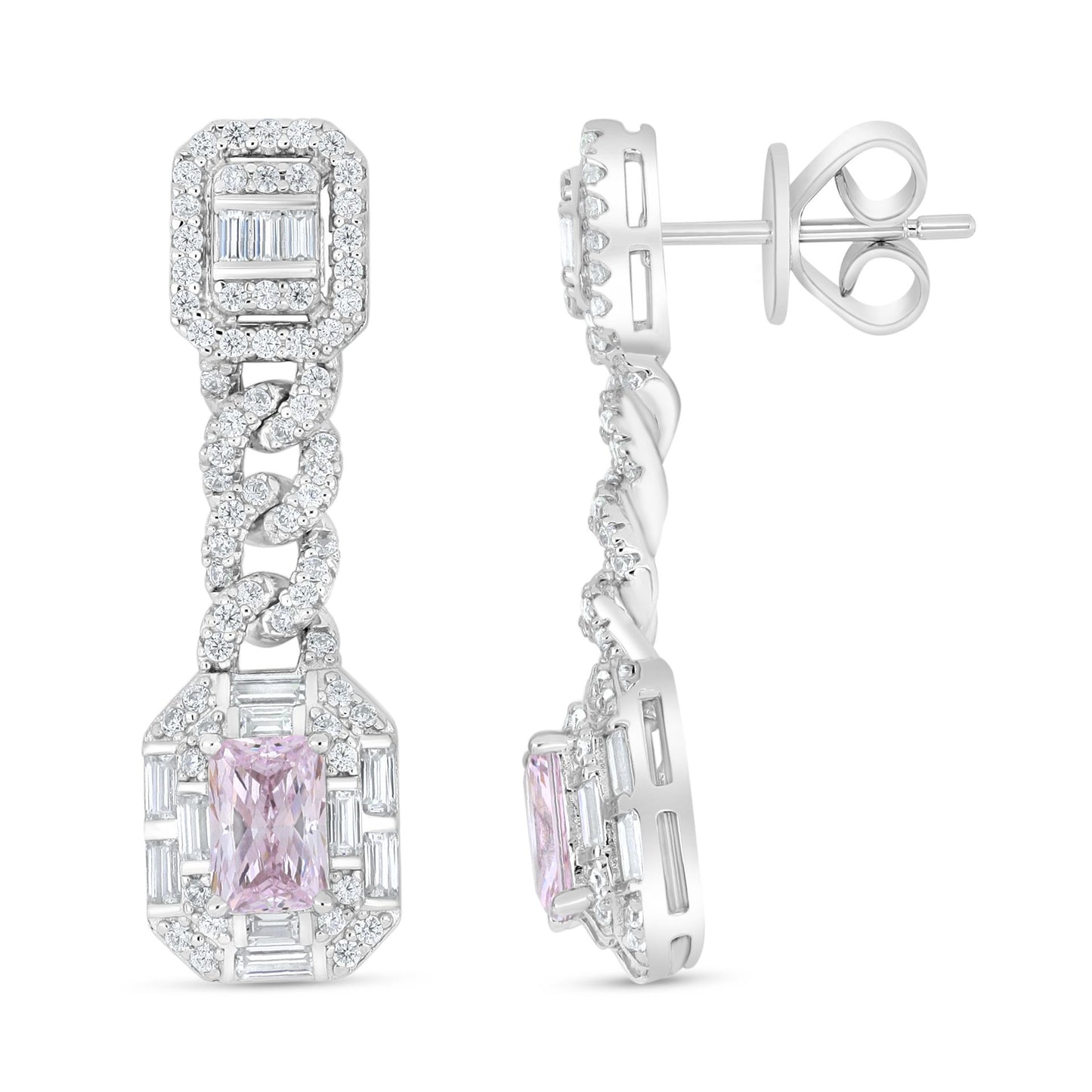 Sterling Silver 925 Earring Rhodium Plated Embedded With Pink Zircon And White Zircon