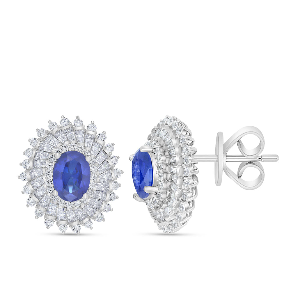 Sterling Silver 925 Earring Rhodium Plated Embedded With Sapphire Corundum And White Zircon