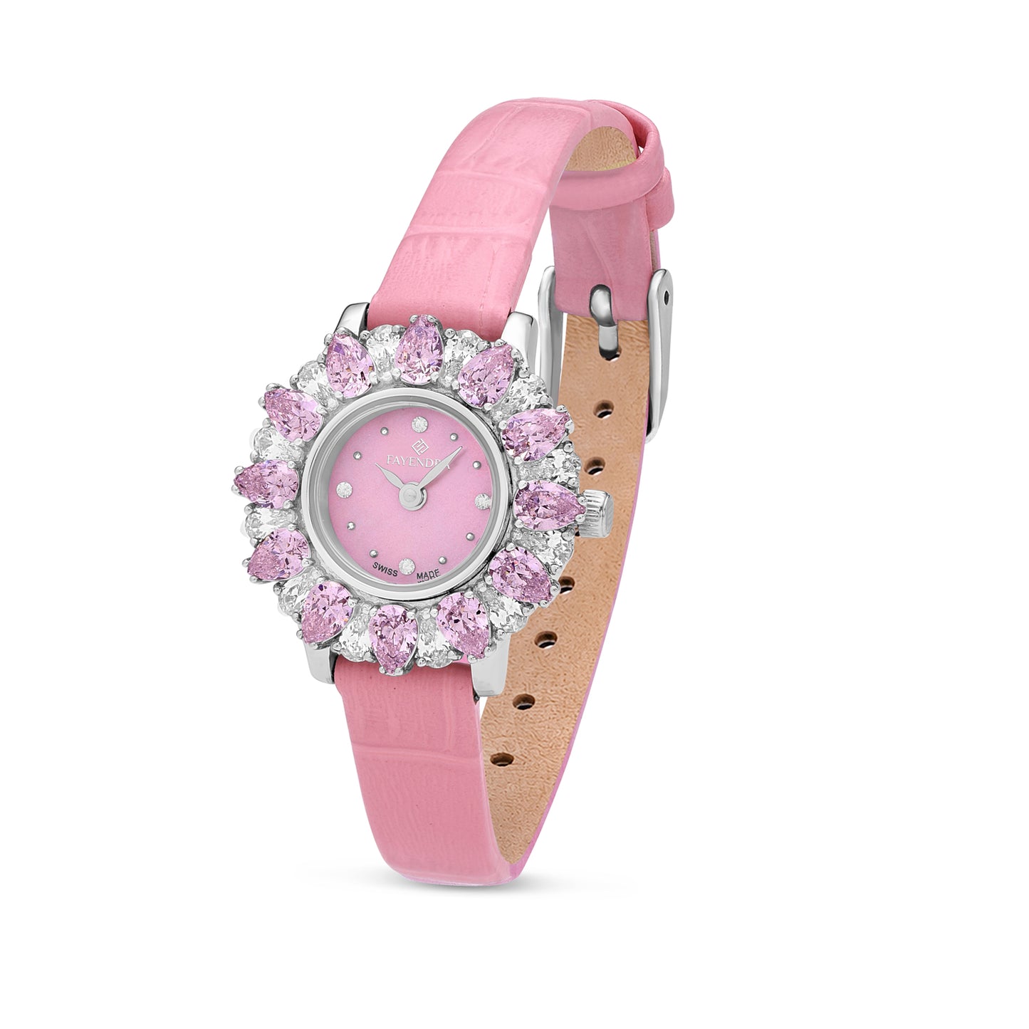 Stainless Steel 316 Watch Silver Color Pink Leather Embedded With Pink Zircon And White Zircon - PINK MOP DIAL