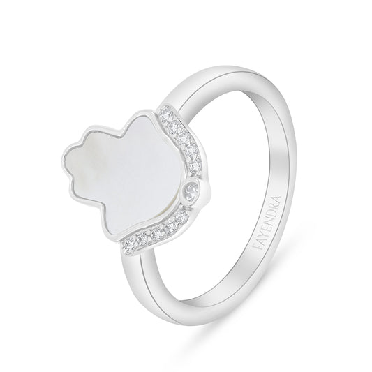 Sterling Silver 925 Ring Rhodium Plated Embedded With White Shell And White Zircon