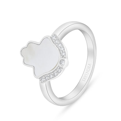 Sterling Silver 925 Ring Rhodium Plated Embedded With White Shell And White Zircon