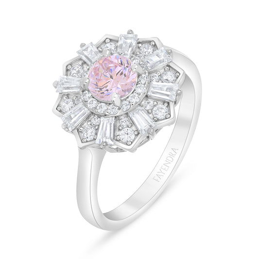 Sterling Silver 925 Ring Rhodium Plated Embedded With Pink Zircon And White Zircon