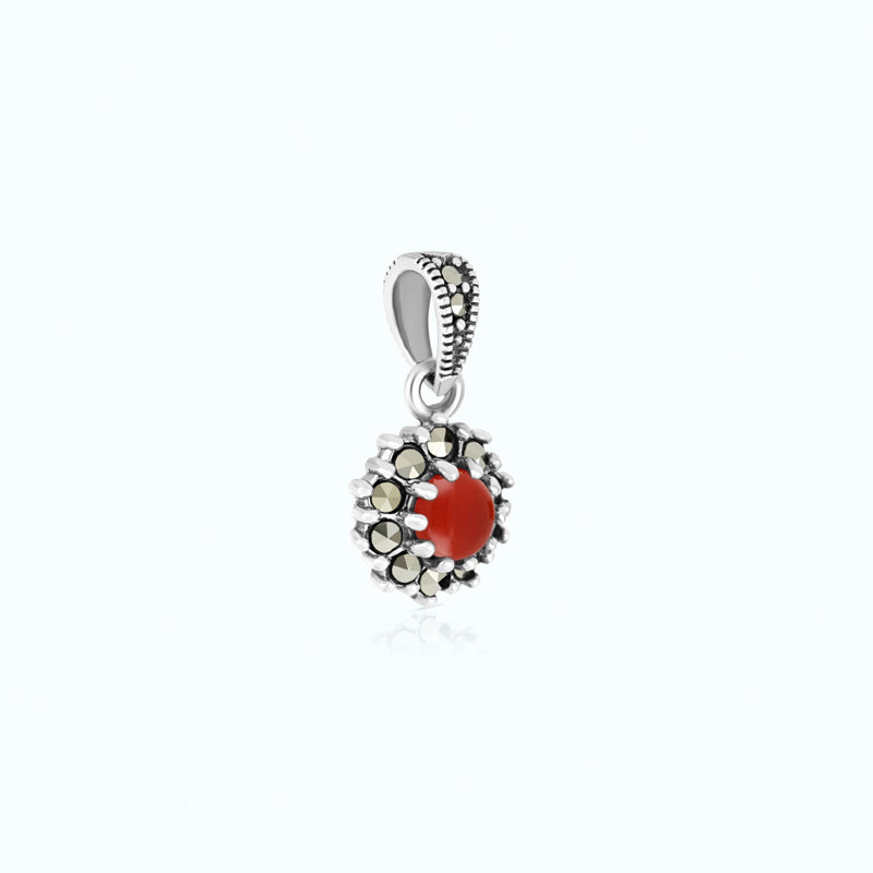 Sterling Silver 925 Pendant Embedded With Natural Aqiq And Marcasite Stones