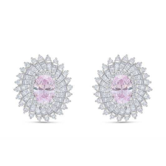 Sterling Silver 925 Earring Rhodium Plated Embedded With Pink Zircon And White Zircon