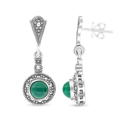 Sterling Silver 925 Earring Embedded With Natural Green Agate And Marcasite Stones