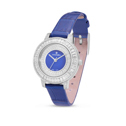 Stainless Steel 316L Watch Silver Color Blue Leather Embedded With White Zircon - BLUE MOP DIAL