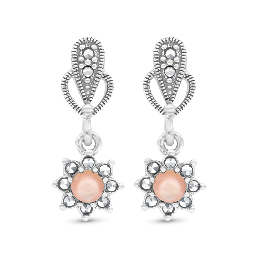 Sterling Silver 925 Set Embedded With Natural Pink Shell And Marcasite Stones