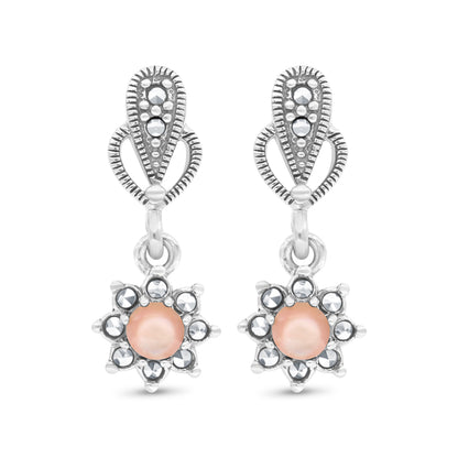 Sterling Silver 925 Set Embedded With Natural Pink Shell And Marcasite Stones