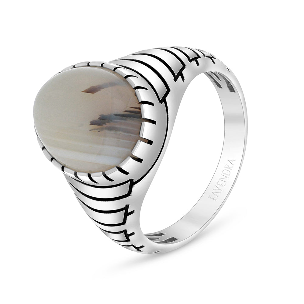 Sterling Silver 925 Ring Rhodium And Black Plated Embedded With Cabochon Natural Agate For Men