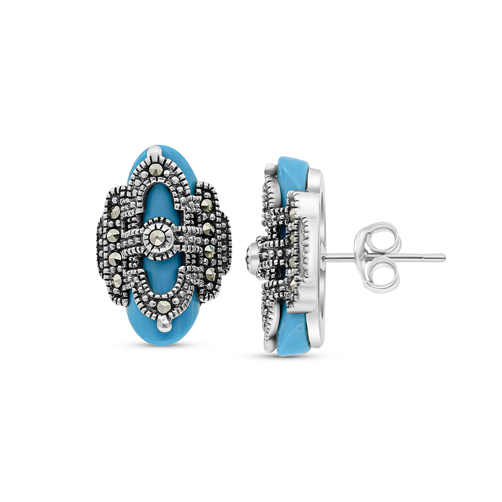 Sterling Silver 925 Earring Embedded With Natural Processed Turquoise And Marcasite Stones