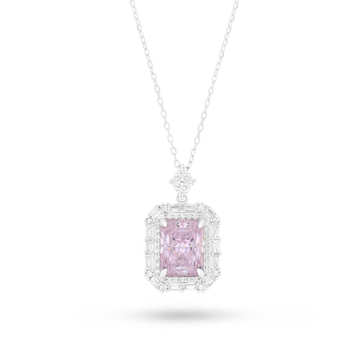 Sterling Silver 925 Necklace Rhodium Plated Embedded With Pink Zircon And White Zircon