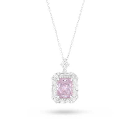 Sterling Silver 925 Necklace Rhodium Plated Embedded With Pink Zircon And White Zircon