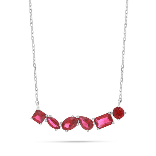 Sterling Silver 925 Necklace Rhodium Plated Embedded With Ruby Corundum And White Zircon