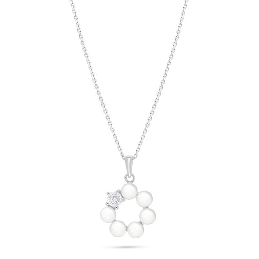 Sterling Silver 925 Necklace Rhodium Plated Embedded With Natural White Pearl And White Zircon