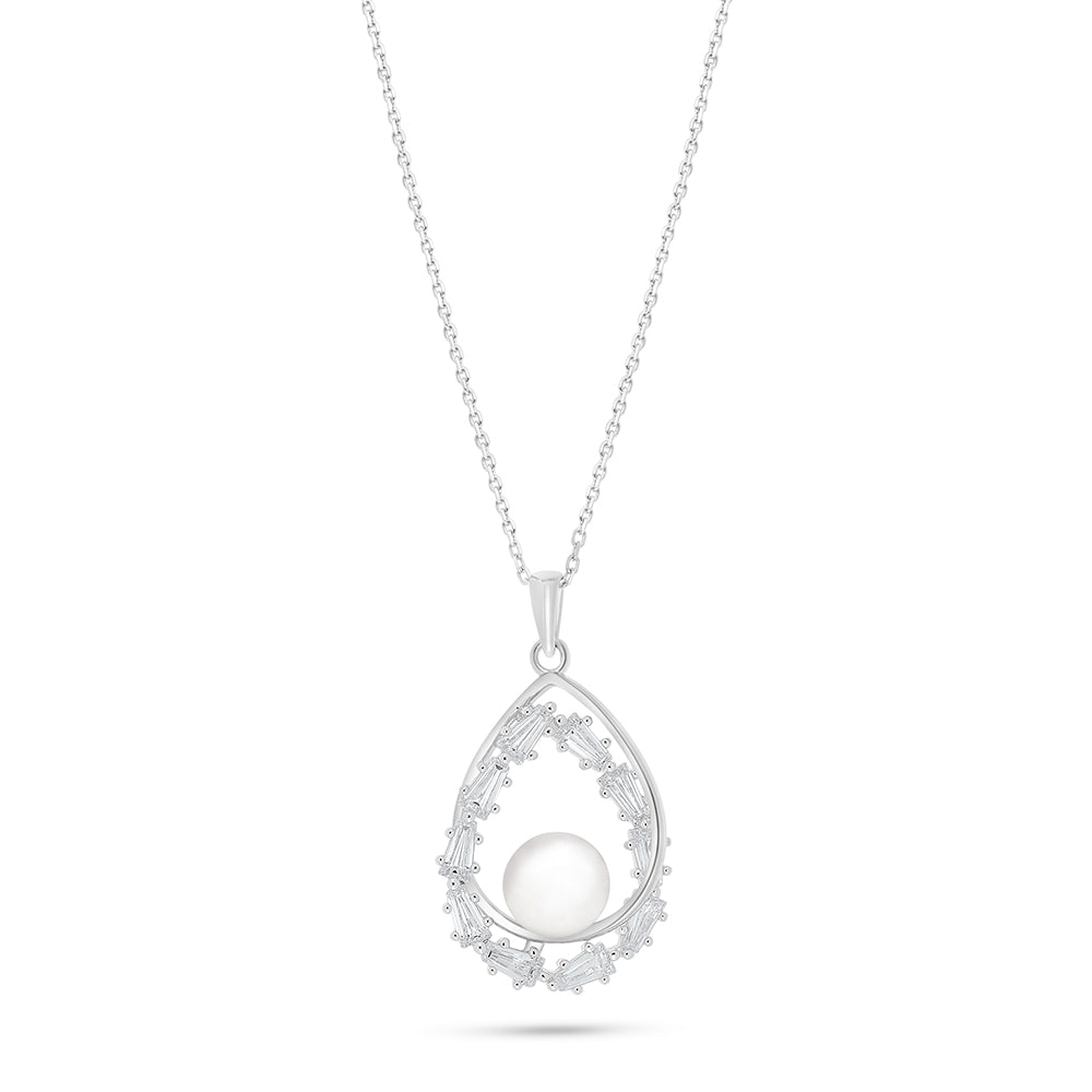 Sterling Silver 925 Necklace Rhodium Plated Embedded With Natural White Pearl And White Zircon